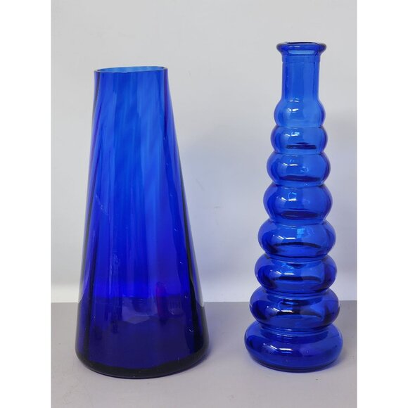 Vintage Cobalt Blue Glass Vase Set Decorative Ribbed & Cone Shapes Home‎ Décor - Picture 1 of 9